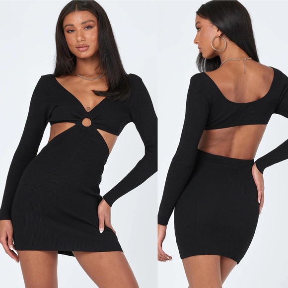 Princess Polly Lucia Black Ribbed Long Sleeve V Neck O Ring Cutout Mini Dress - Picture 2 of 12